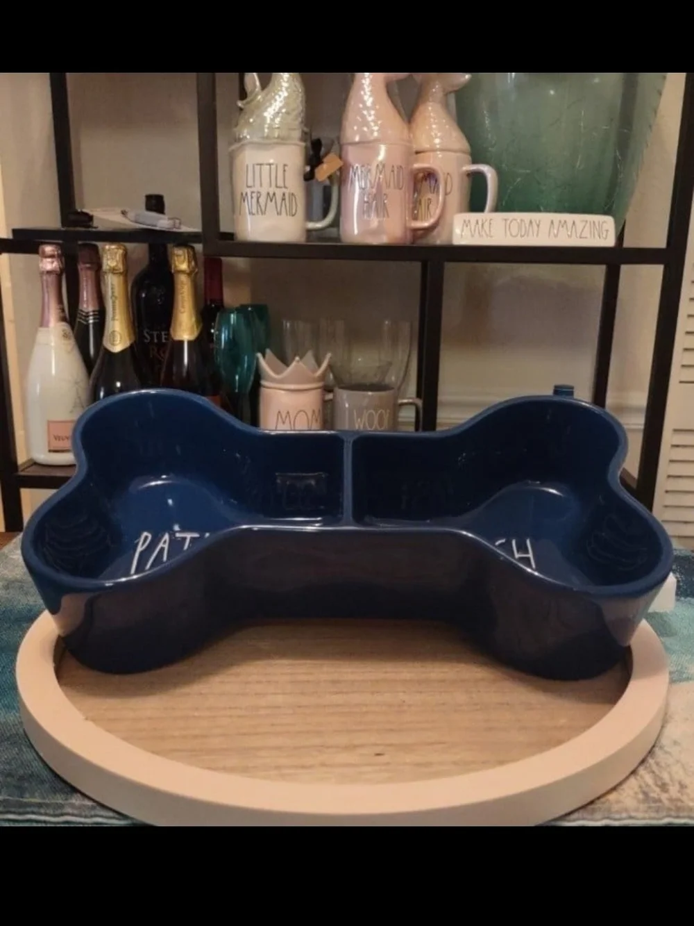 Rae Dunn Patriotic Pooch Blue Bone-Shaped Double Dog Bowl